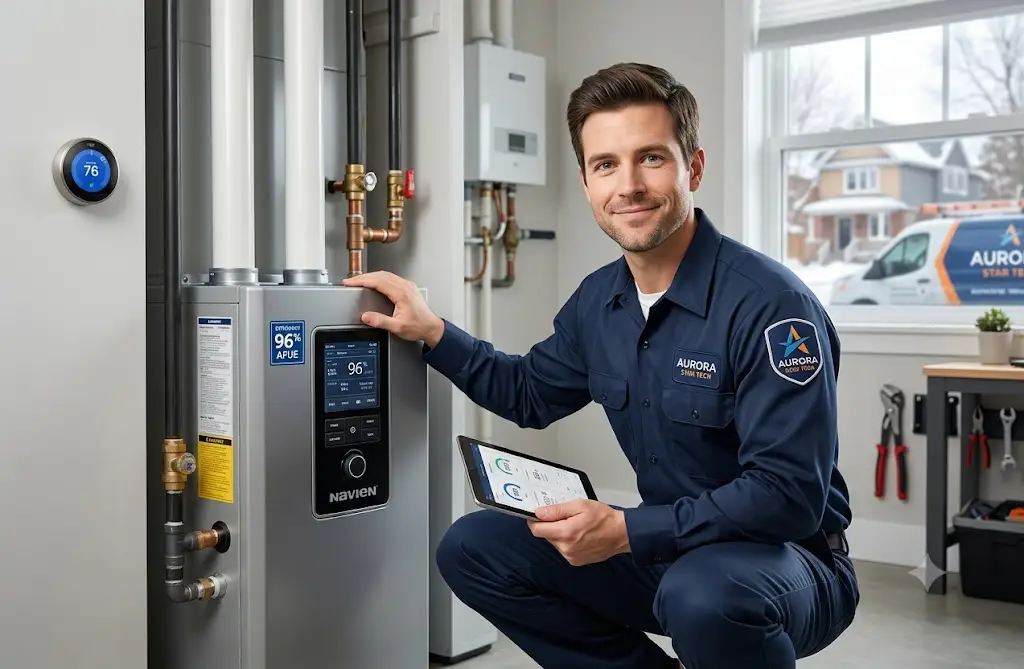 High-efficiency furnace installation covered by Aurora Star Tech labor warranty