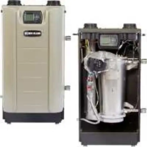 0122750_wemevg220_1_550jpeg - Aurora Star Tech Two-piece residential water heater system: front cabinet with control display and an open unit showing the internal tank and plumbing components