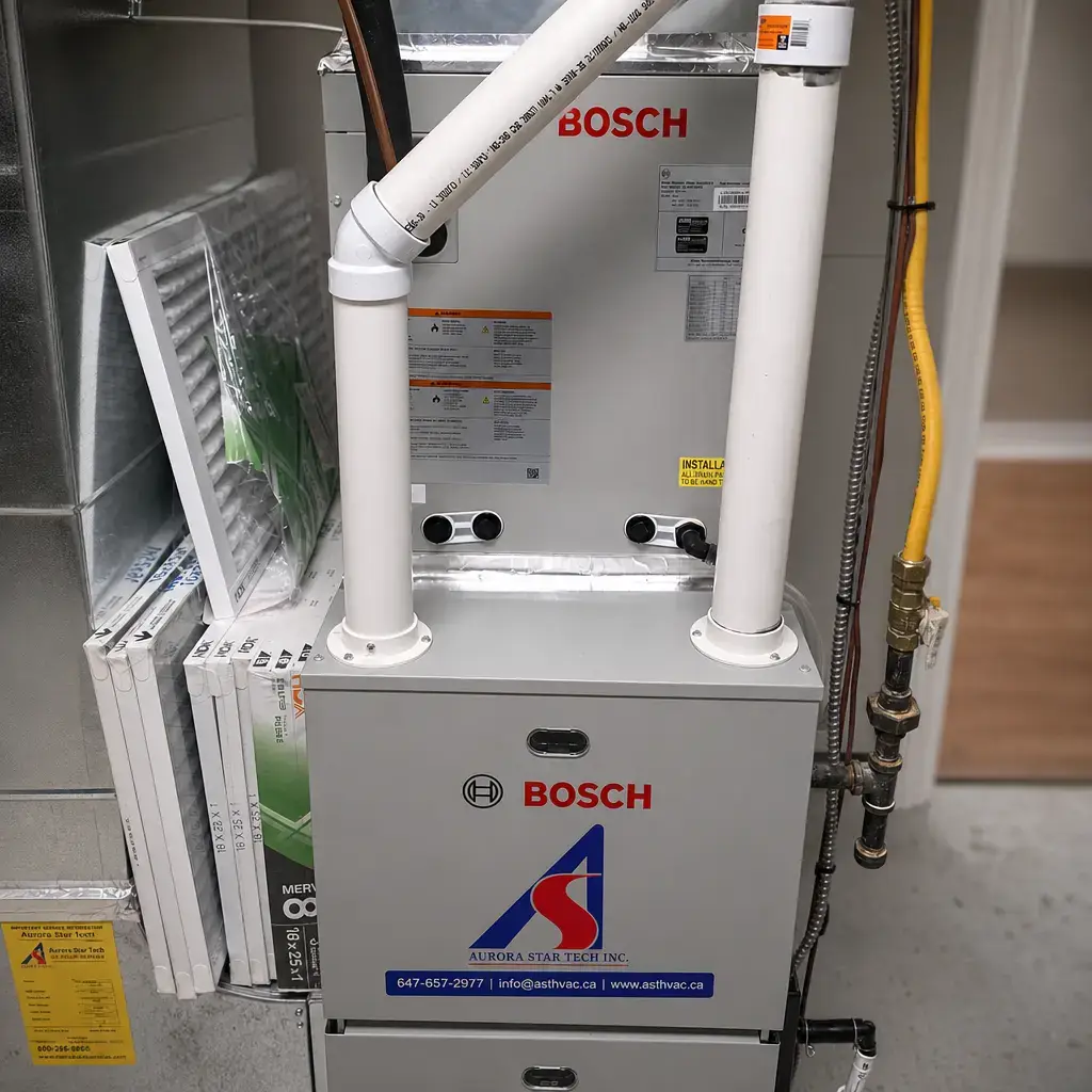 New high-efficiency furnace installed in a basement